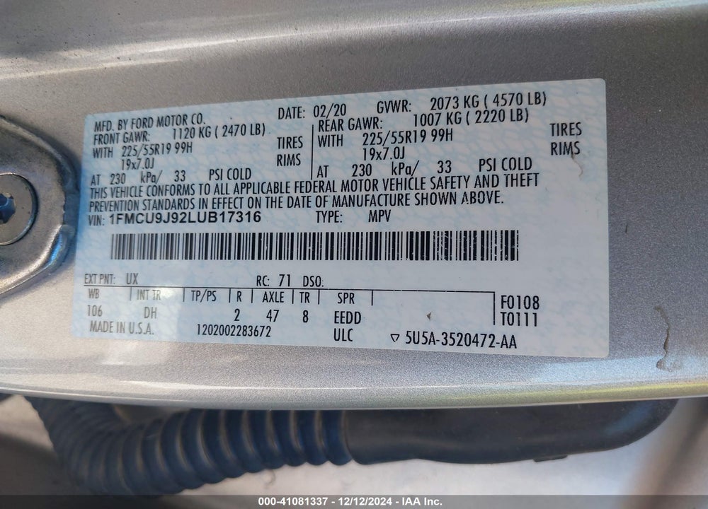 2020 FORD ESCAPE TITANIUM VIN: 1FMCU9J92LUB17316