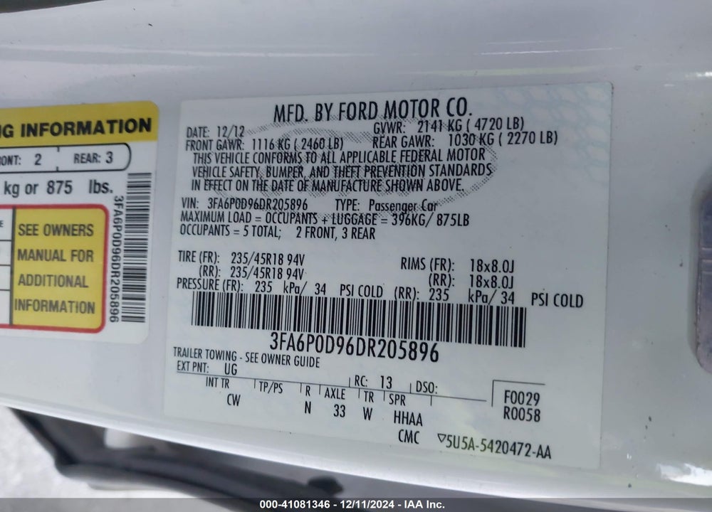 2013 FORD FUSION VIN: 3FA6P0D96DR205896