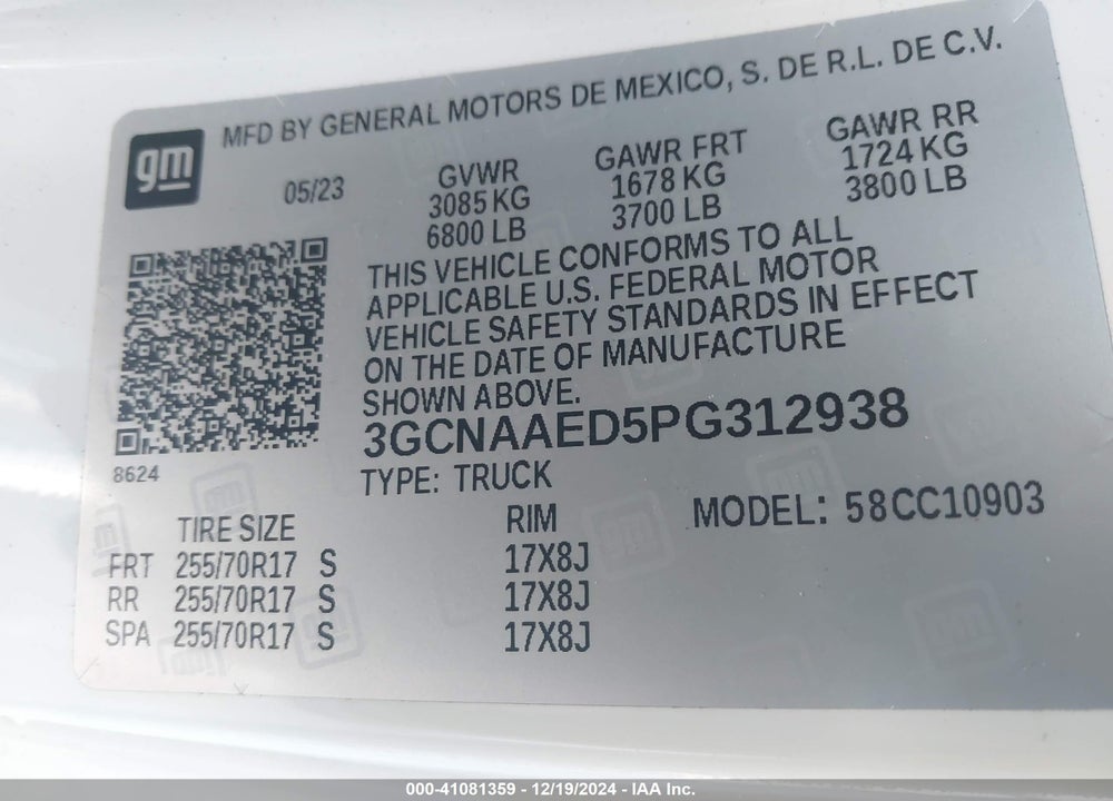 2023 CHEVROLET SILVERADO VIN: 3GCNAAED5PG312938