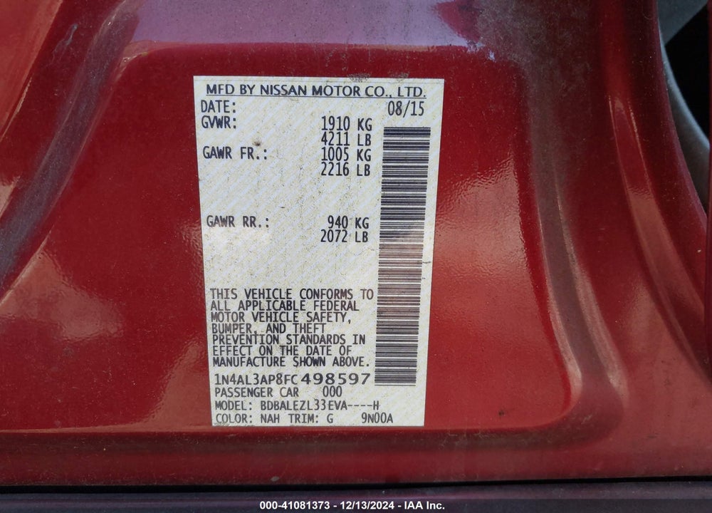 2015 NISSAN ALTIMA 2.5 S VIN: 1N4AL3AP8FC498597