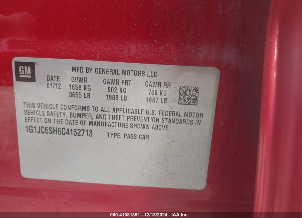 2012 CHEVROLET SONIC 2LT VIN: 1G1JC6SH6C4152713