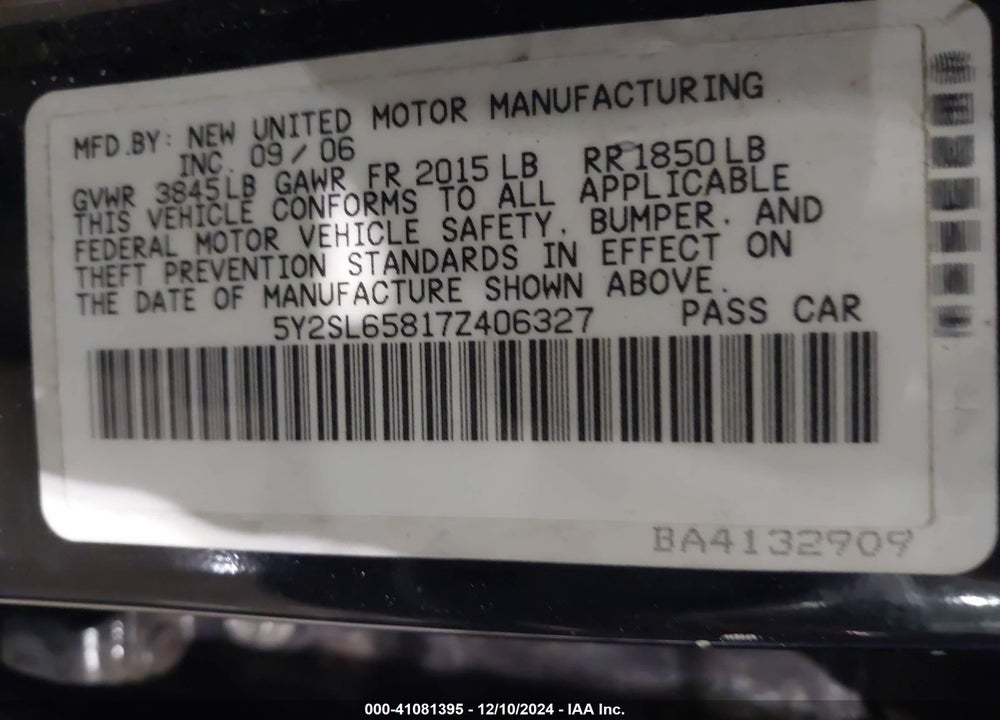 2007 PONTIAC VIBE VIN: 5Y2SL65817Z406327