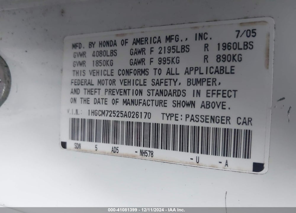 2005 HONDA ACCORD 2.4 LX SPECIAL EDITION VIN: 1HGCM72525A026170