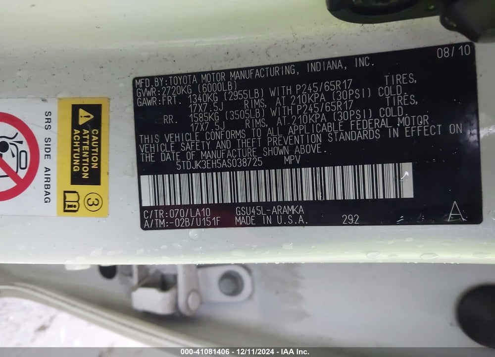2010 TOYOTA HIGHLANDER SE V6 VIN: 5TDJK3EH5AS038725