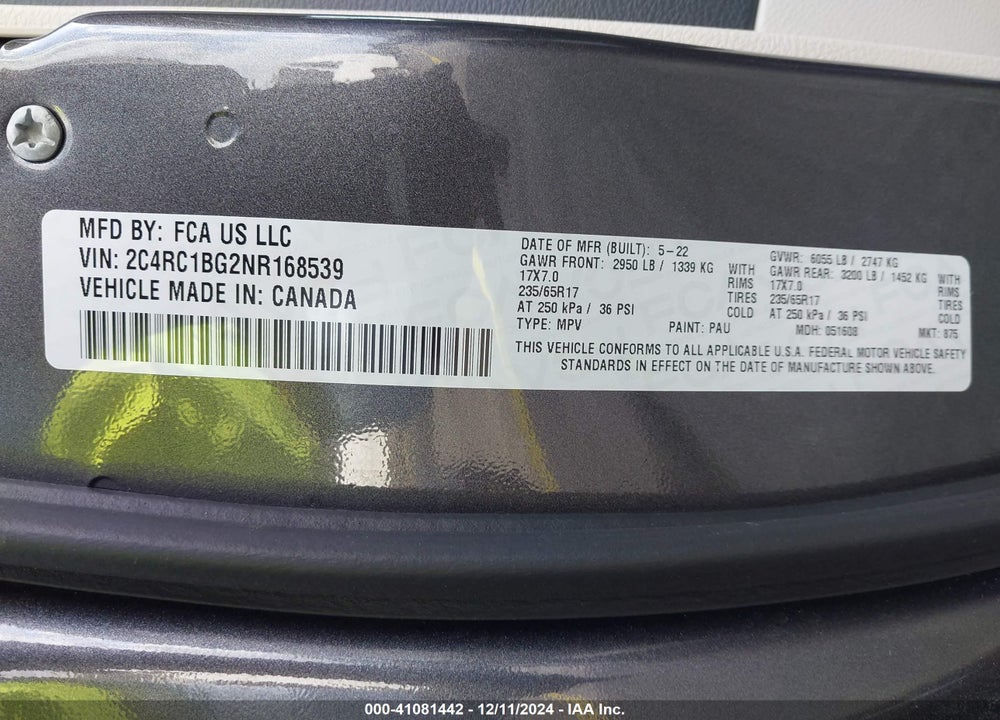 2022 CHRYSLER PACIFICA TOURING L VIN: 2C4RC1BG2NR168539