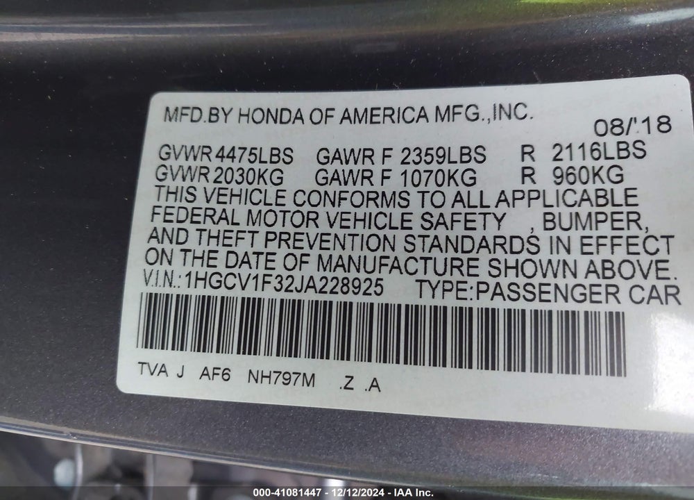 2018 HONDA ACCORD SPORT VIN: 1HGCV1F32JA228925