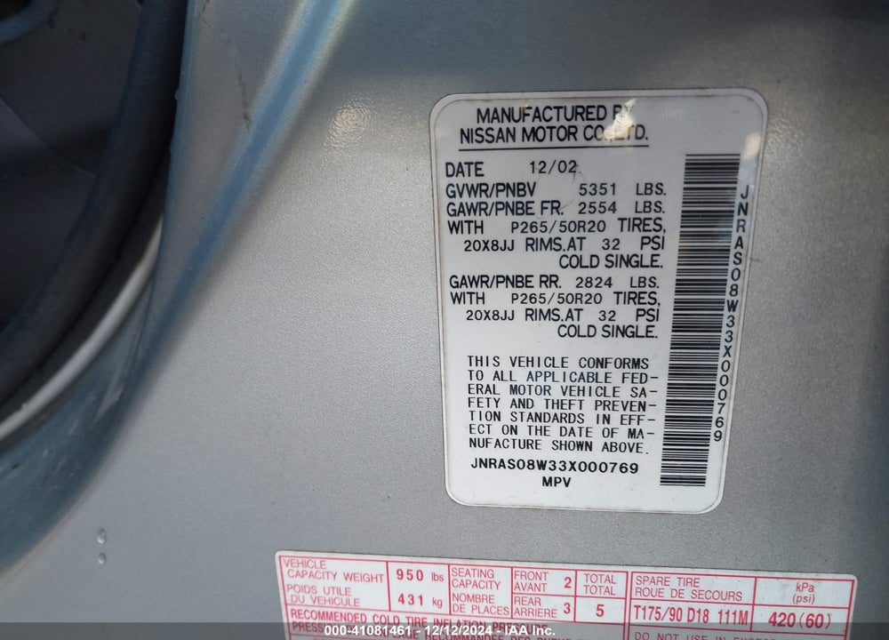 2003 INFINITI FX35 VIN: JNRAS08W33X000769
