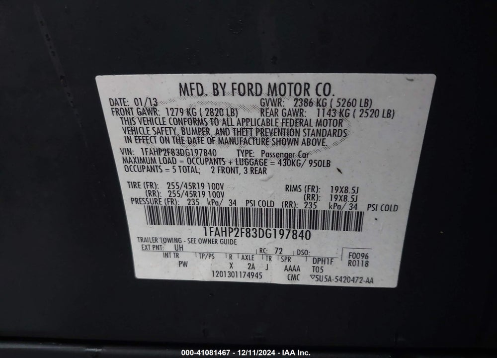 2013 FORD TAURUS LIMITED VIN: 1FAHP2F83DG197840