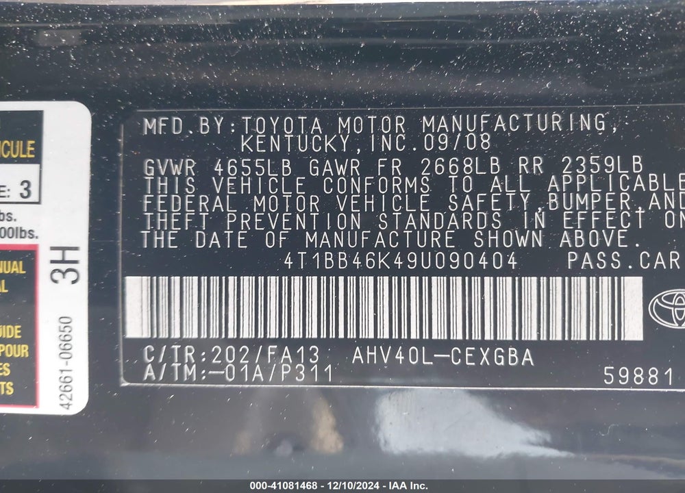 2009 TOYOTA CAMRY HYBRID VIN: 4T1BB46K49U090404