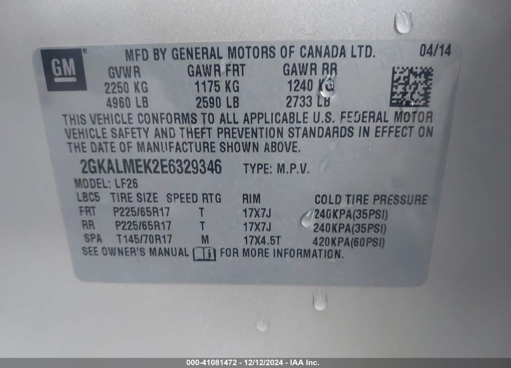 2014 GMC TERRAIN SLE-1 VIN: 2GKALMEK2E6329346