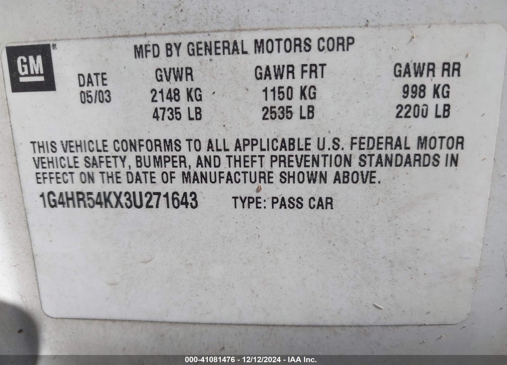 2003 BUICK LESABRE LIMITED VIN: 1G4HR54KX3U271643