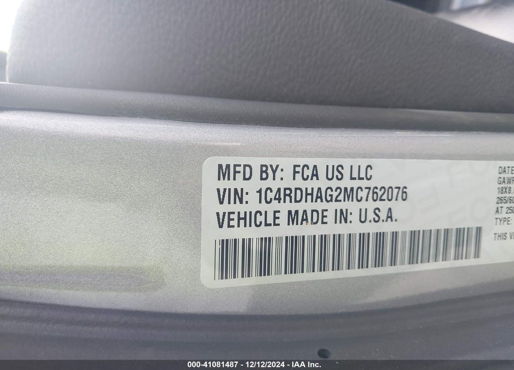 2021 DODGE DURANGO SXT RWD VIN: 1C4RDHAG2MC762076