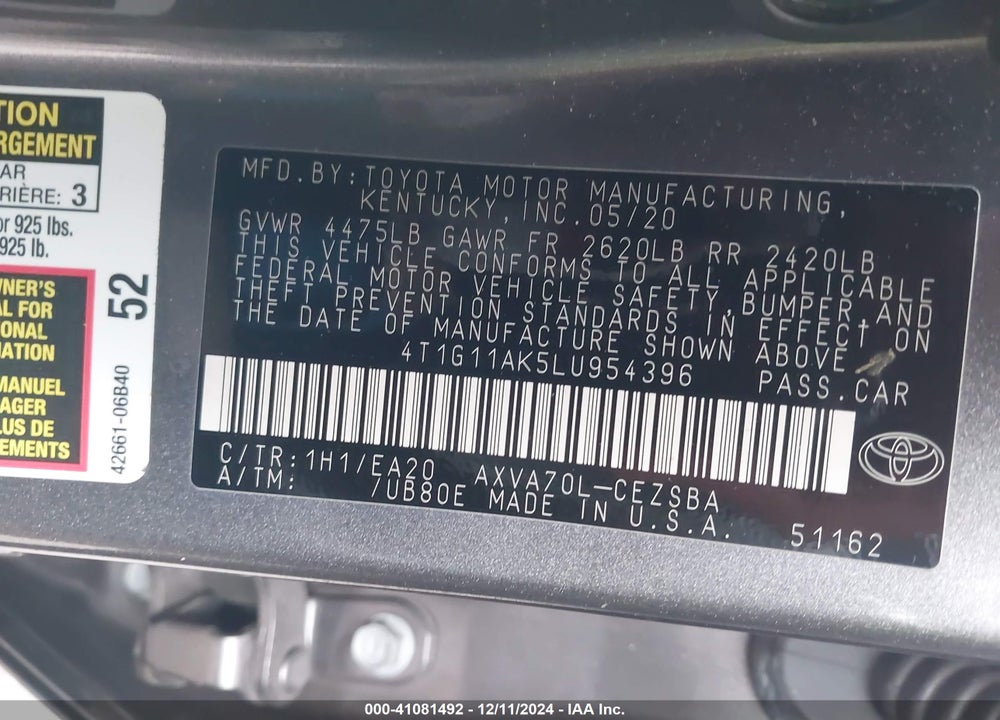 2020 TOYOTA CAMRY SE VIN: 4T1G11AK5LU954396