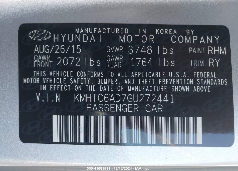 2016 HYUNDAI VELOSTER VIN: KMHTC6AD7GU272441