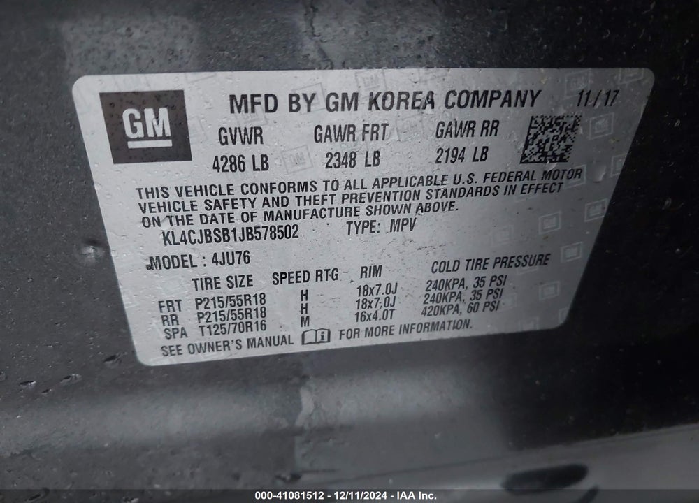 2018 BUICK ENCORE PREFERRED II VIN: KL4CJBSB1JB578502