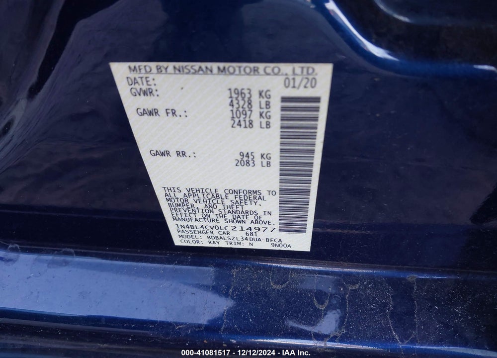 2020 NISSAN ALTIMA VIN: 1N4BL4CV0LC214977