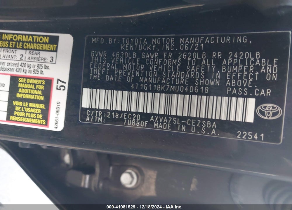 2021 TOYOTA CAMRY VIN: 4T1G11BK7MU040618