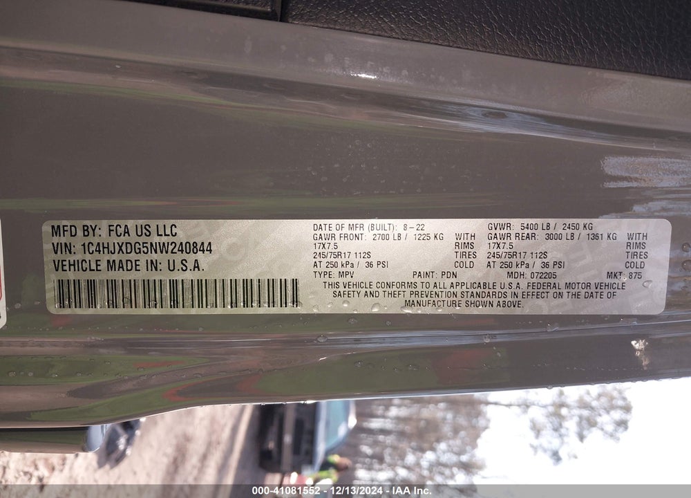 2022 JEEP WRANGLER UNLIMITED SPORT S 4X4 VIN: 1C4HJXDG5NW240844