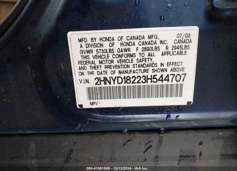 2003 ACURA MDX VIN: 2HNYD18223H544707