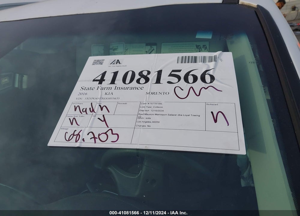 2016 KIA SORENTO 2.4L LX VIN: 5XYPG4A3XGG055635