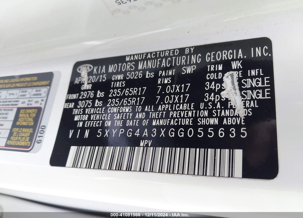 2016 KIA SORENTO 2.4L LX VIN: 5XYPG4A3XGG055635