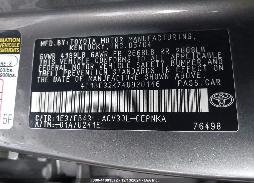 2004 TOYOTA CAMRY LE VIN: 4T1BE32K74U920146