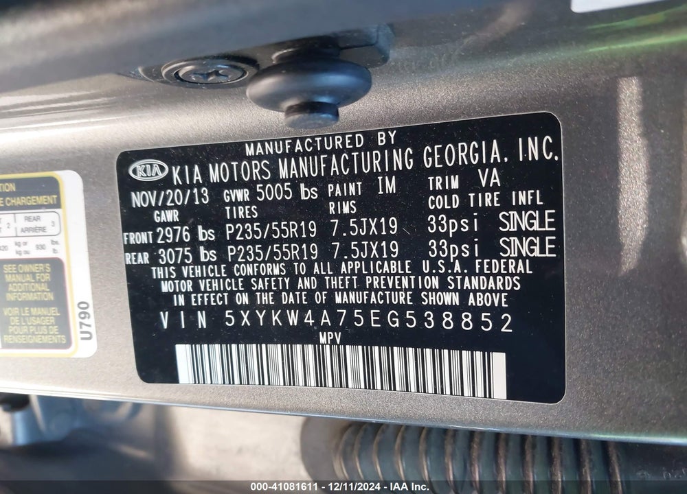 2014 KIA SORENTO LIMITED V6 VIN: 5XYKW4A75EG538852