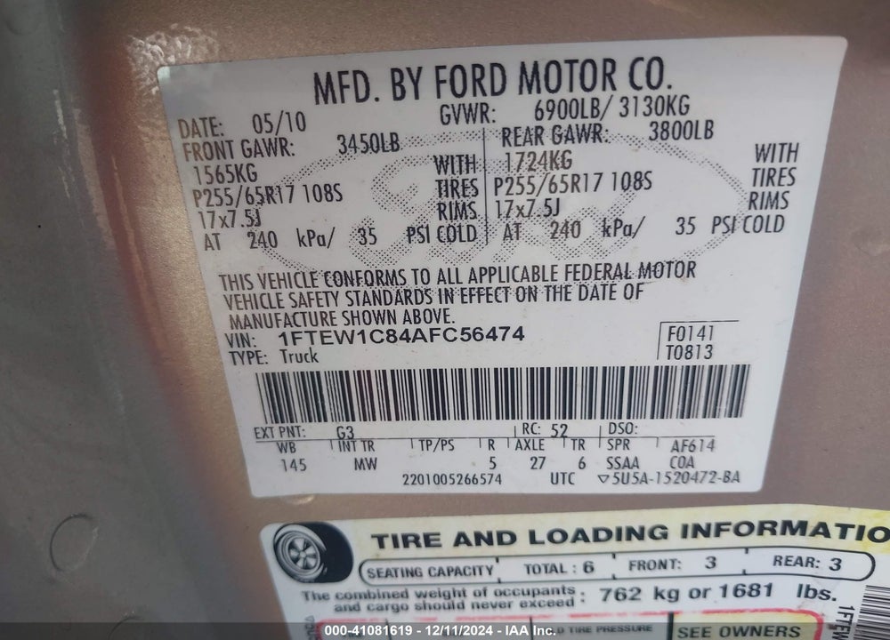 2010 FORD F-150 XLT VIN: 1FTEW1C84AFC56474