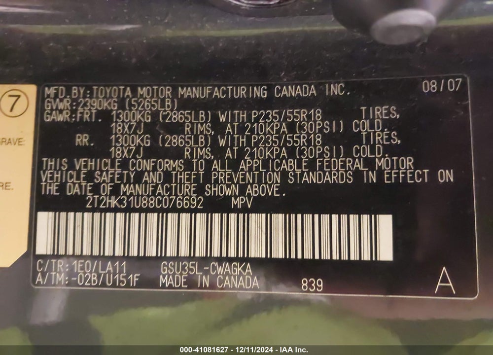 2008 LEXUS RX 350 VIN: 2T2HK31U88C076692