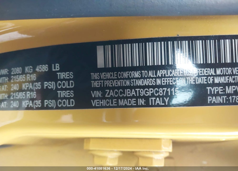 2016 JEEP RENEGADE SPORT VIN: ZACCJBAT9GPC87115
