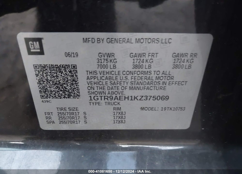 2019 GMC SIERRA 1500 VIN: 1GTR9AEH1KZ375069