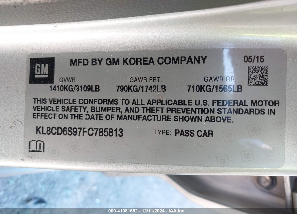 2015 CHEVROLET SPARK VIN: KL8CD6S97FC785813
