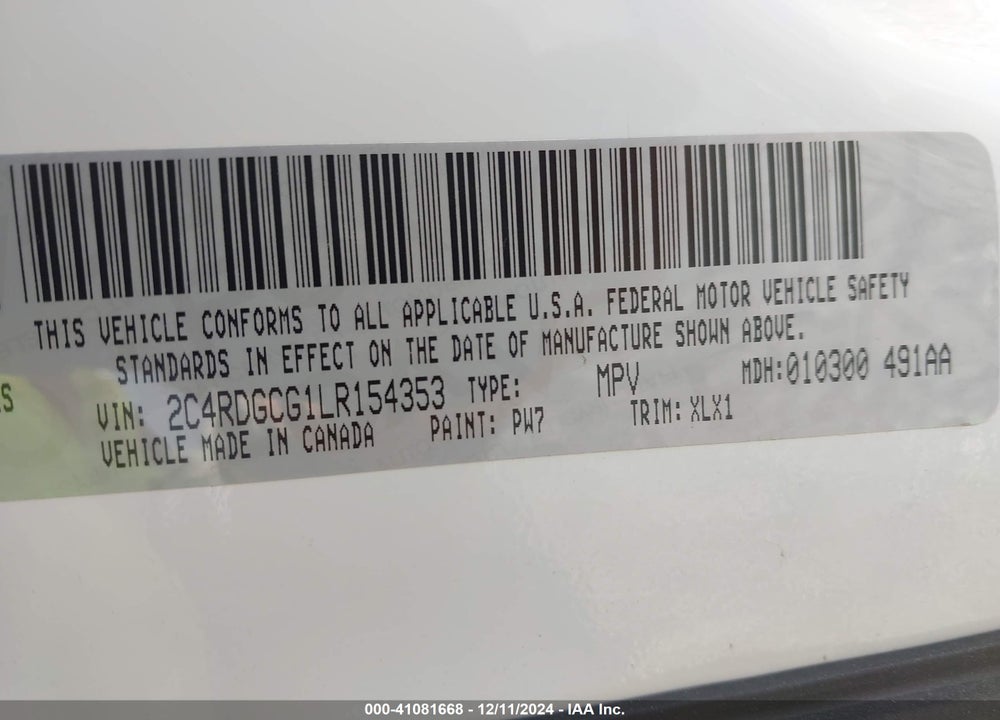 2020 DODGE GRAND CARAVAN SXT VIN: 2C4RDGCG1LR154353