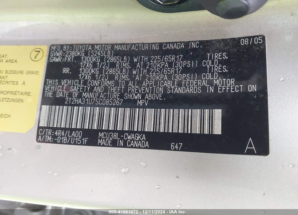 2005 LEXUS RX 330 BASE (A5) VIN: 2T2HA31U75C085267