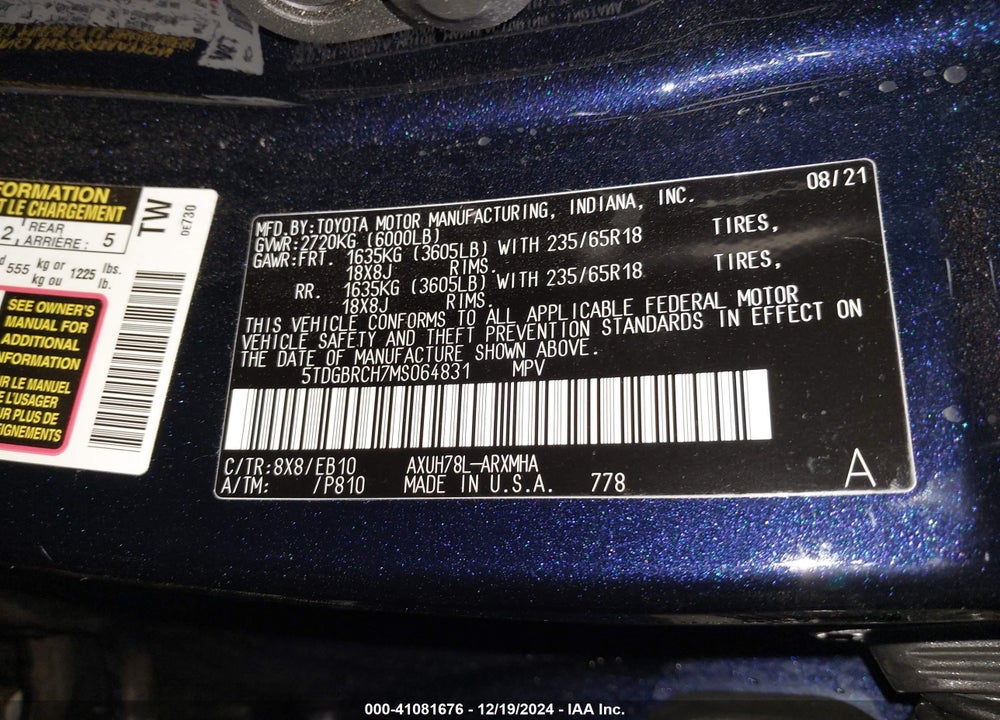 2021 TOYOTA HIGHLANDER HYBRID XLE VIN: 5TDGBRCH7MS064831