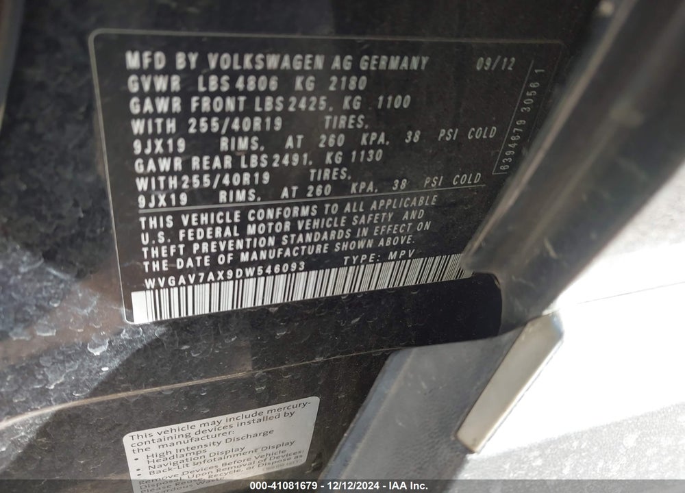 2013 VOLKSWAGEN TIGUAN SEL VIN: WVGAV7AX9DW546093