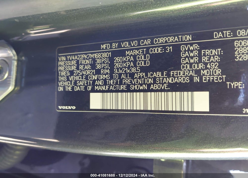2021 VOLVO XC90 T6 MOMENTUM 7 PASSENGER VIN: YV4A22PK7M1683801