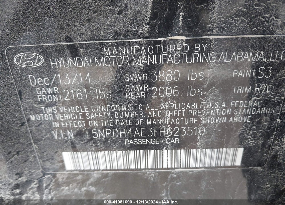 2015 HYUNDAI ELANTRA VIN: 5NPDH4AE3FH623510
