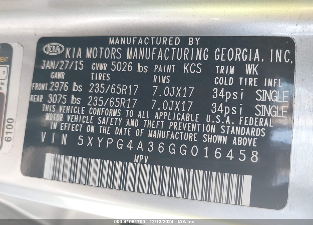 2016 KIA SORENTO 2.4L LX VIN: 5XYPG4A36GG016458