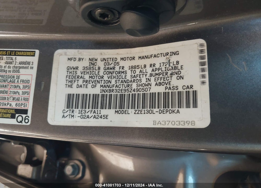 2005 TOYOTA COROLLA CE VIN: 1NXBR32E95Z490507