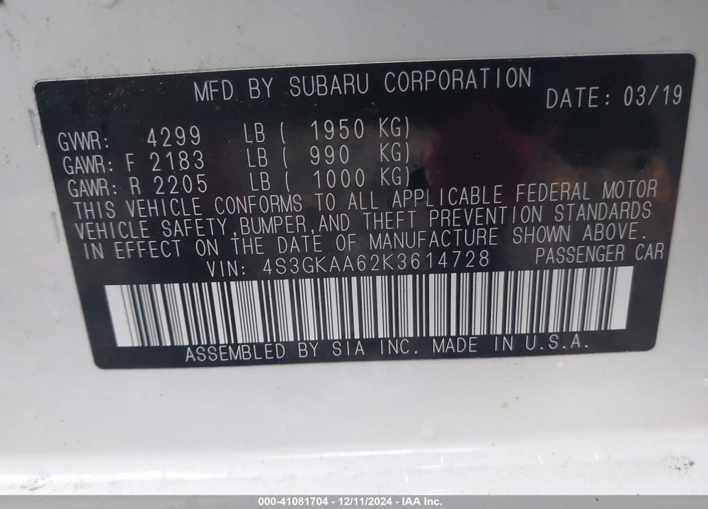 2019 SUBARU IMPREZA 2.0I VIN: 4S3GKAA62K3614728