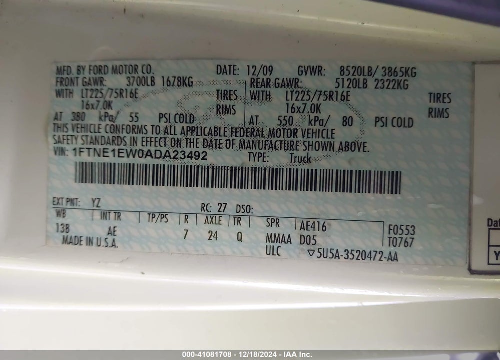 2010 FORD E-150 COMMERCIAL/RECREATIONAL VIN: 1FTNE1EW0ADA23492