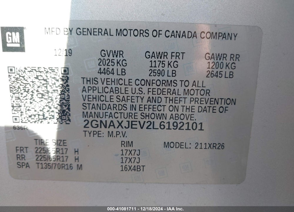 2020 CHEVROLET EQUINOX FWD 2FL VIN: 2GNAXJEV2L6192101