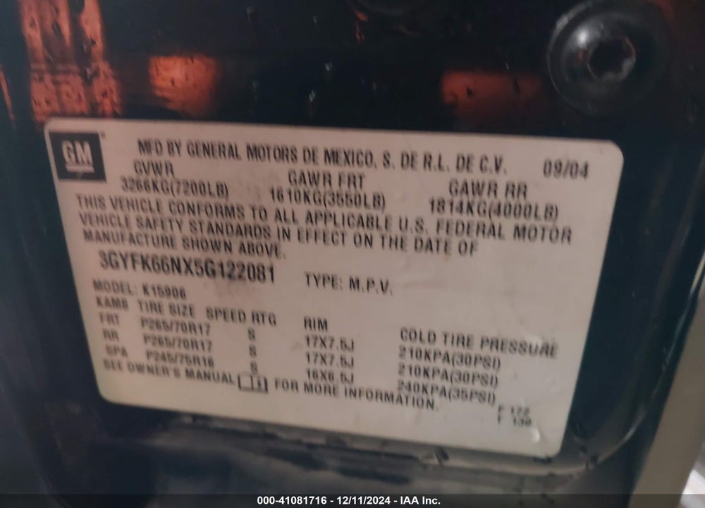 2005 CADILLAC ESCALADE ESV STANDARD VIN: 3GYFK66NX5G122081