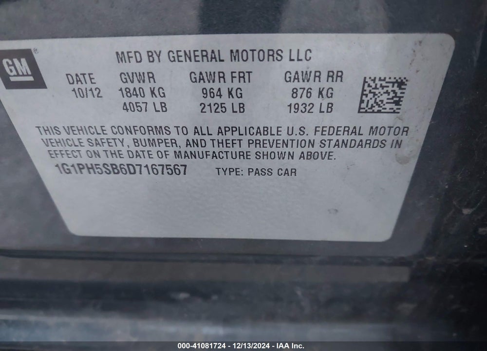 2013 CHEVROLET CRUZE ECO AUTO VIN: 1G1PH5SB6D7167567