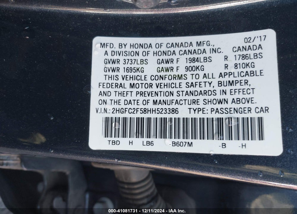 2017 HONDA CIVIC LX VIN: 2HGFC2F58HH523386