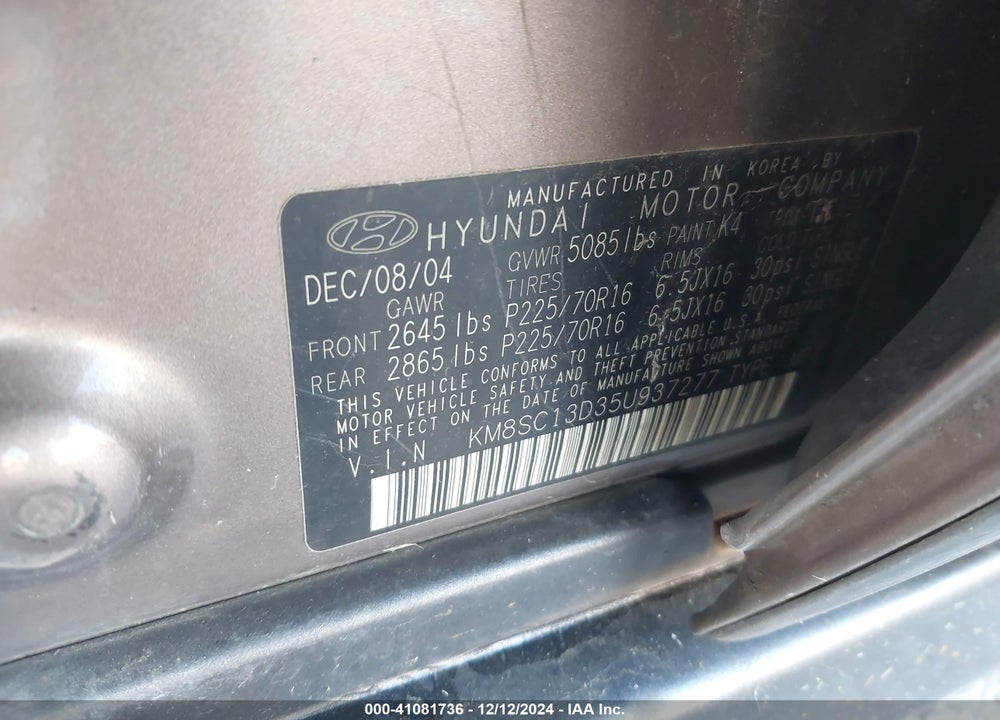2005 HYUNDAI SANTA FE GLS VIN: KM8SC13D35U937277