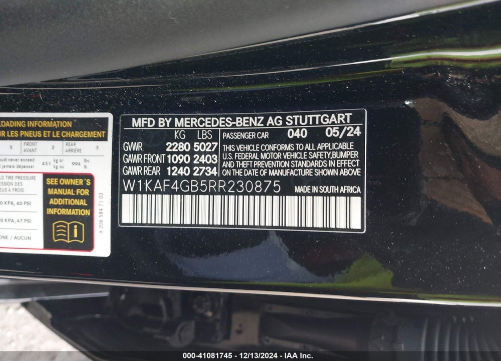 2024 MERCEDES-BENZ C 300 VIN: W1KAF4GB5RR230875