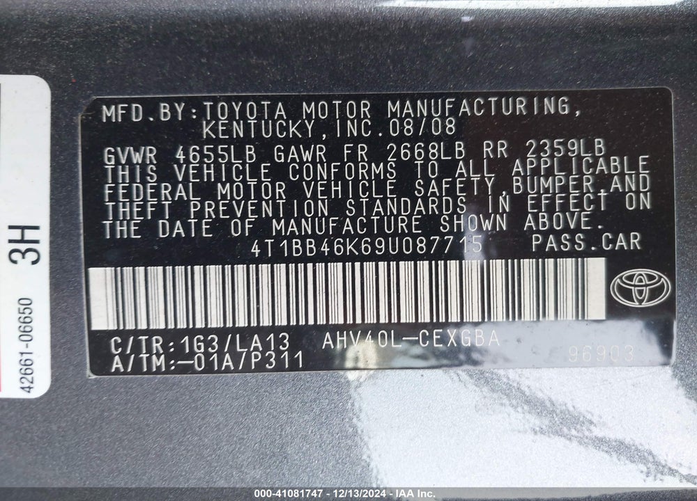 2009 TOYOTA CAMRY HYBRID VIN: 4T1BB46K69U087715