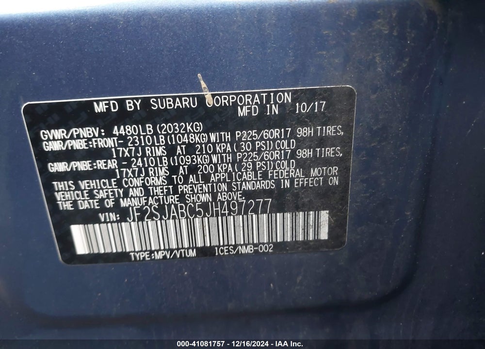 2018 SUBARU FORESTER 2.5I VIN: JF2SJABC5JH497277